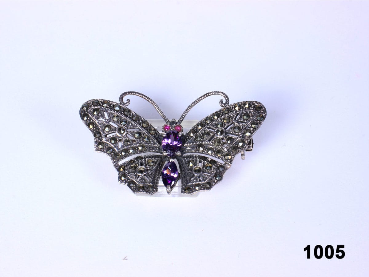 Front view of Sterling silver butterfly brooch with amethyst and marcasite from Antiques of Kingston