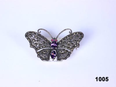 Front view of Sterling silver butterfly brooch with amethyst and marcasite from Antiques of Kingston