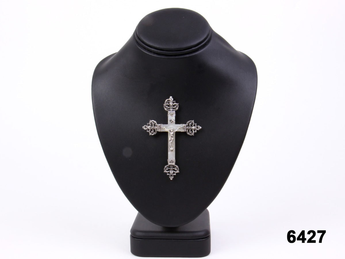 Front view of 19th century French Mother-of-pearl & unhallmarked silver crucifix from Antiques of Kingston.