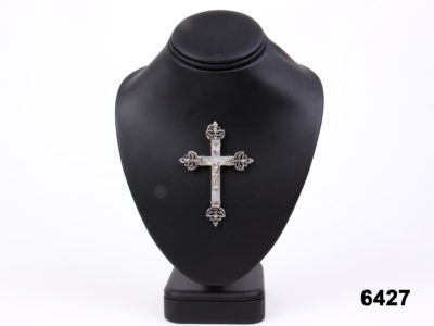 Front view of 19th century French Mother-of-pearl & unhallmarked silver crucifix from Antiques of Kingston.