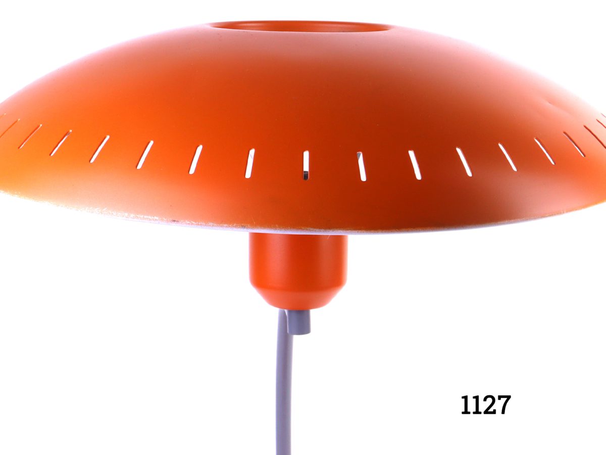1950s-60s Louis Christiaan Kalff orange desk lamp Measures 150mm in diameter at base and 330mm across the top PAT tested Close up of the top of lamp