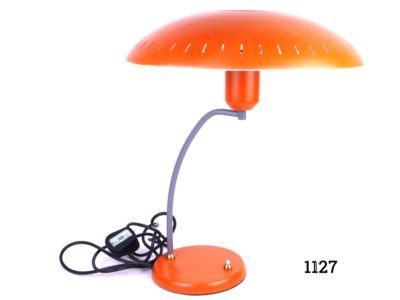 1950s-60s Louis Christiaan Kalff orange desk lamp Measures 150mm in diameter at base and 330mm across the top PAT tested Main photo showing whole lamp with curved arm