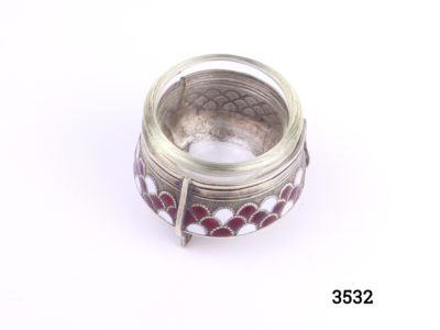 Vintage Russian brass and enamel salt stamped Зicmmet (Replacement liner) Measures 50mm in diameter at base Photo looking down into the salt from above