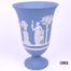 Vintage Wedgwood Jasperware vase in the classic light blue c1975 Measures 76mm in diameter at base and 130mm in diameter across the top Main photo of vase looking straight on