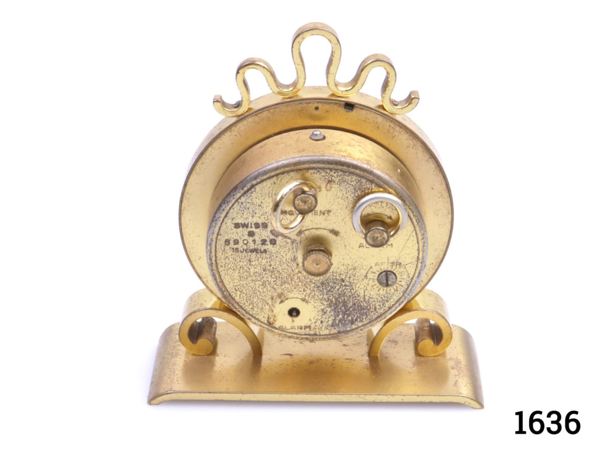 Vintage 1970s Swiss made 8 day desk clock alarm by ImHof. Clock face measures 75mm in diameter. (Some signs of wear) Fully serviced and guaranteed for 1 year from date of purchase Photo of the back of close