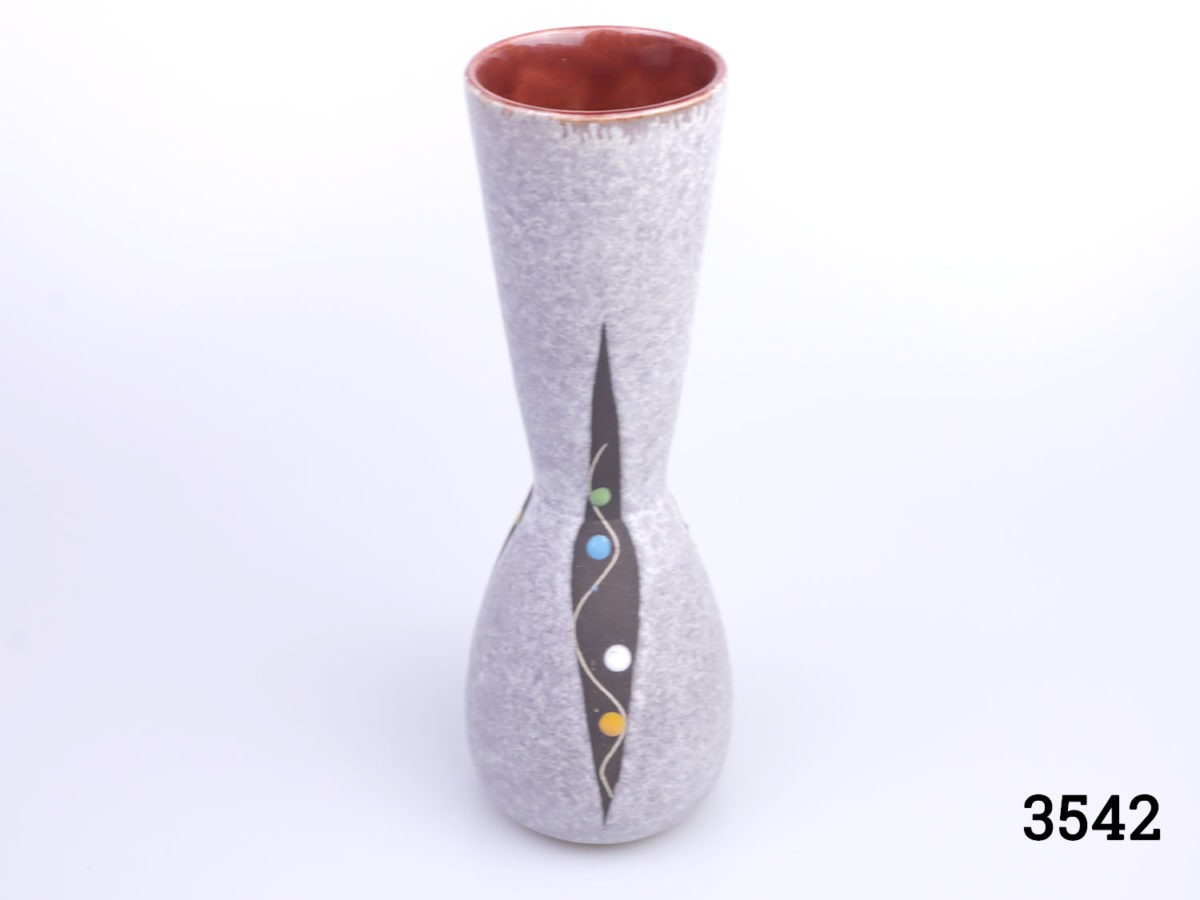 Pair of 1950s small West German vases. Speckled grey pattern with a modernist 'peas in a pod' decoration and reddish brown interior. Each measures 55mm in diameter at base, 57mm across the top and 205mm tall Photo of one vase showing the side with decoration lower down