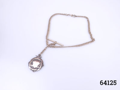 Victorian watch chain and fob in gilt metal with copper decorated fob. Empty fob shield for personalisation. Fob measures 40mm long by 32mm wide Main photo showing whole fob and chain