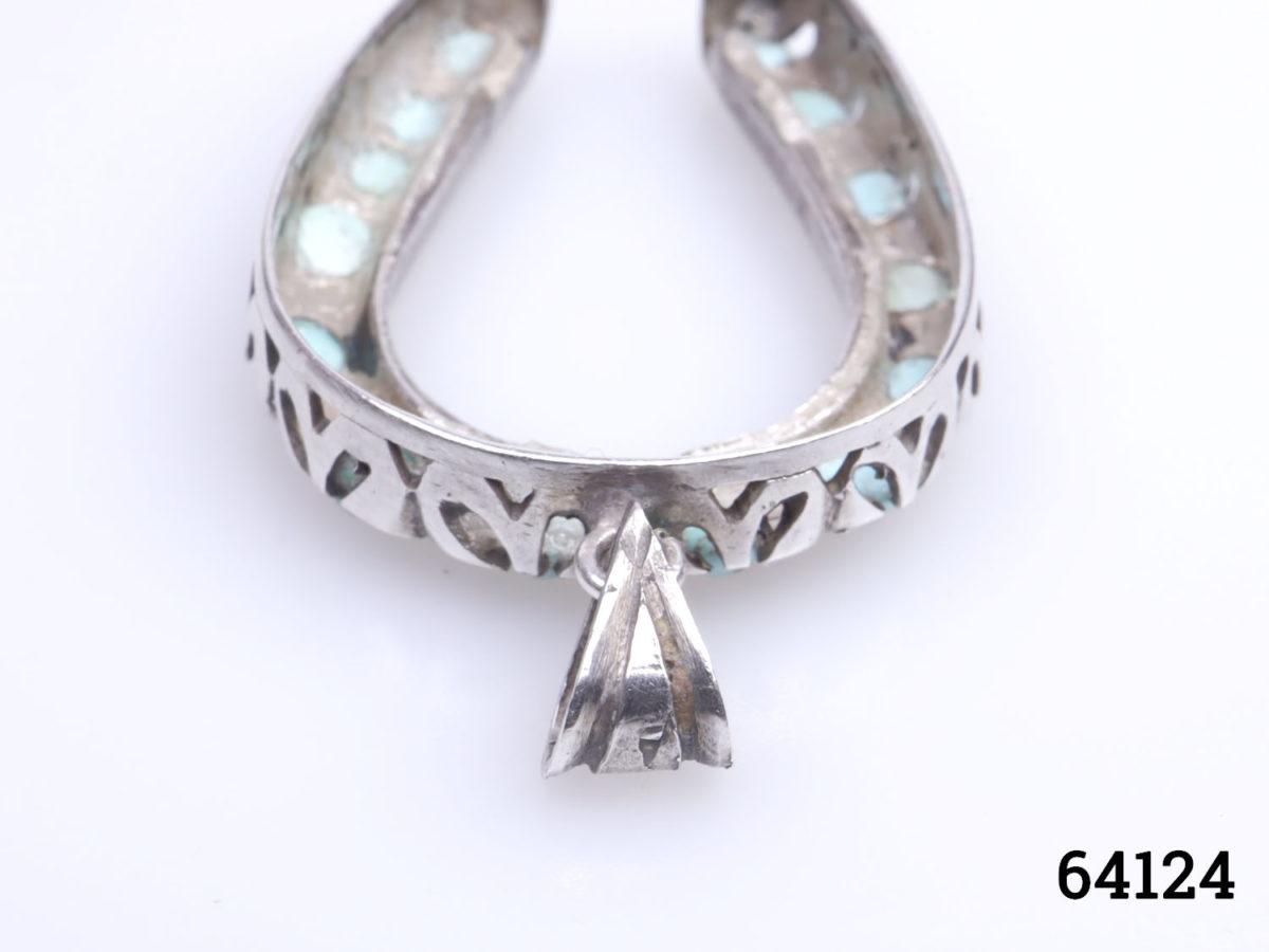 Vintage Egyptian silver horseshoe pendant. Lucky horseshoe encrusted with small turquoise bead stones all the way round. Drop length 45mm from bail Close up photo of the hallmark on pendant bail