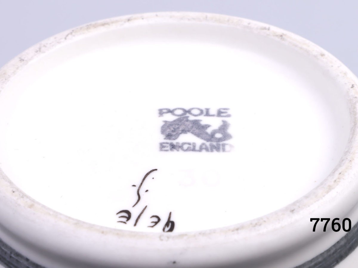 Vintage small Poole Pottery jug with spring flowers in lilac, green and yellow with pale pink interior. (Tiny chip to the lip). Measures 60mm in diameter at base. Photo of base of jug showing Poole Pottery mark Close up photo of the jug spout showing the small chip