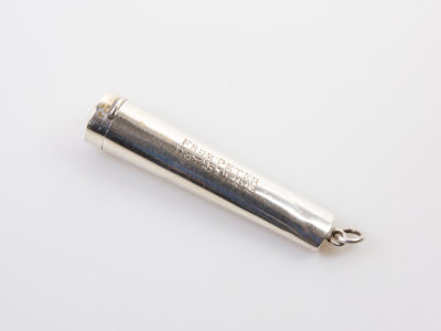 Antique sterling silver cheroot case. c1912 Birmingham assayed cheroot case made by Henry Perkins & Sons. Engraved "From Peter Oct.15th 1913" Measures 15mm in diameter at the opening. Main photo of cheroot laid diagonally with engraving shown