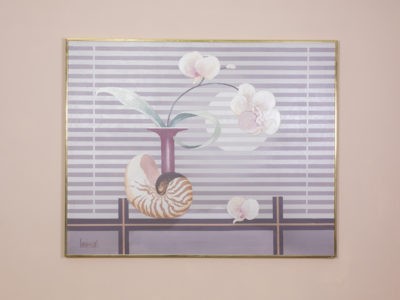 Large oil painting signed Lee Reynolds. Strikingly large painting of an orchid stem in vase with sea shell and full moon behind the blinds. Simple elegance at its finest.