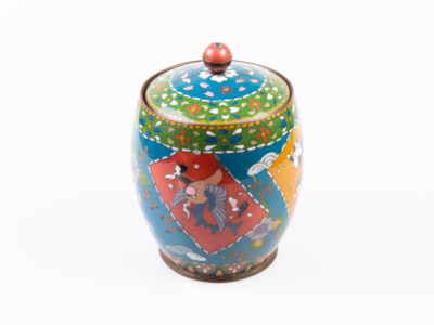 Early 20th century lidded cloisonne jar. Good sized jar in unusually muted colours for cloisonne which adds to the attractiveness of the jar. Decorated with flora and fauna to the side. Enamel in excellent condition. Finial is a little loose on the lid & needs attention. Measures 88mm in diameter at base, approximately 120mm in diameter at widest part and 165mm tall with lid. Main photo of jar shown with bird (pigeon?) side visible