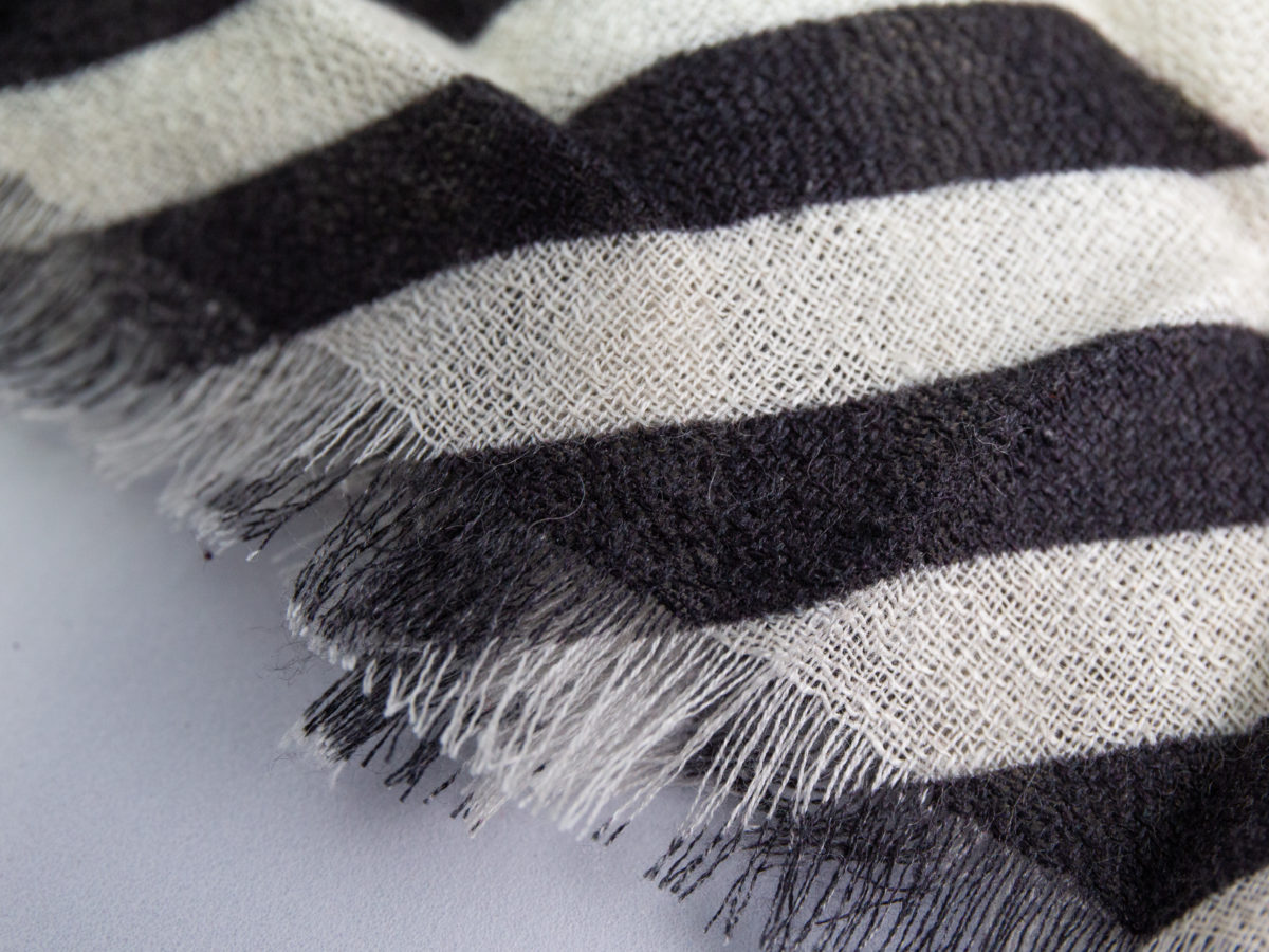 Modern hand-woven mixed fibre scarf. Luxurious hand-woven scarf in modal, wool, silk & cashmere-incredibly soft to the touch you can hardly feel it! Design is hand-printed using traditional methods of silk screen and lithographic wood block and shows pottery pieces with flowers. An absolutely gorgeous gift for someone special. Close up of hinged area at scarf end