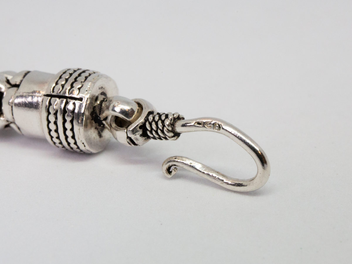 Modern sterling silver necklace. Unusual silver necklace with a bubbles or water droplets like chain. Nice length so closer to neck like a choker. Hallmarked 925 to the link. Close up photo of the hook end of clasp showing hallmark.