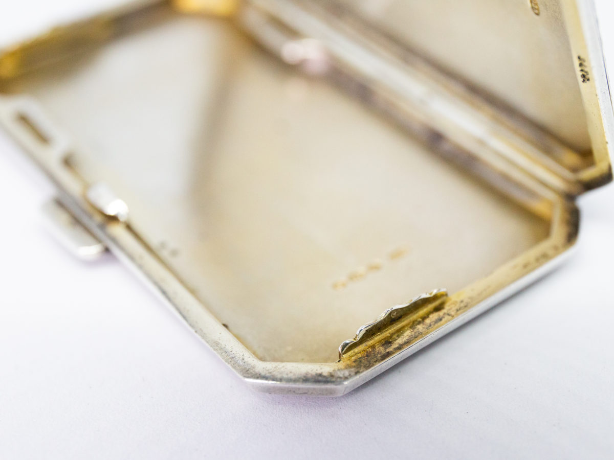 Ladies guilloche enamel and silver cheroot case. Stunning ladies Art Deco cheroot case with yellow guilloche enamel to one side. 925 hallmark for sterling silver in several areas. Gilded interior. In wonderful condition throughout and closes tight. Missing the elasticated band inside. Import mark for Glasgow c1925. Made by Scholl Ltd. Photo of one edge of case inside showing short extension which helps with the tight closure.