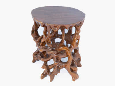 Vintage Chinese carved root stand. A carved hardwood root form stand finished in a hard wearing glossy varnish. Some minor scuff marks to the flat top. Measures 145mm long and 135mm wide at base. Flat top area measures 140mm at longest and 125mm at widest. Photo of stand seen from another angle shown from a slightly raised position showing the flat top and tangled roots of the stand below.