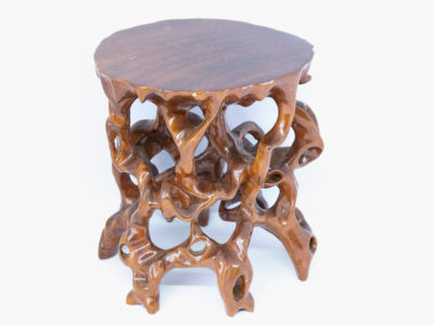 Vintage Chinese carved root stand. A carved hardwood root form stand finished in a hard wearing glossy varnish. Some minor scuff marks to the flat top. Measures 145mm long and 135mm wide at base. Flat top area measures 140mm at longest and 125mm at widest. Main photo of stand taken from a slightly raised angle showing the flat top surface and tangled roots area below.