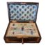 Napoleon Palais Royale sewing box with key and part original contents. Ebonised wood exterior with tulip wood veneer, brass inlay and cartouche. The inside is  lined with padded pale blue silk to the lid and base with removable tray housing the sewing tools. Napoleon III 1850-1899. Main photo showing box with lid open and tool tray in place.