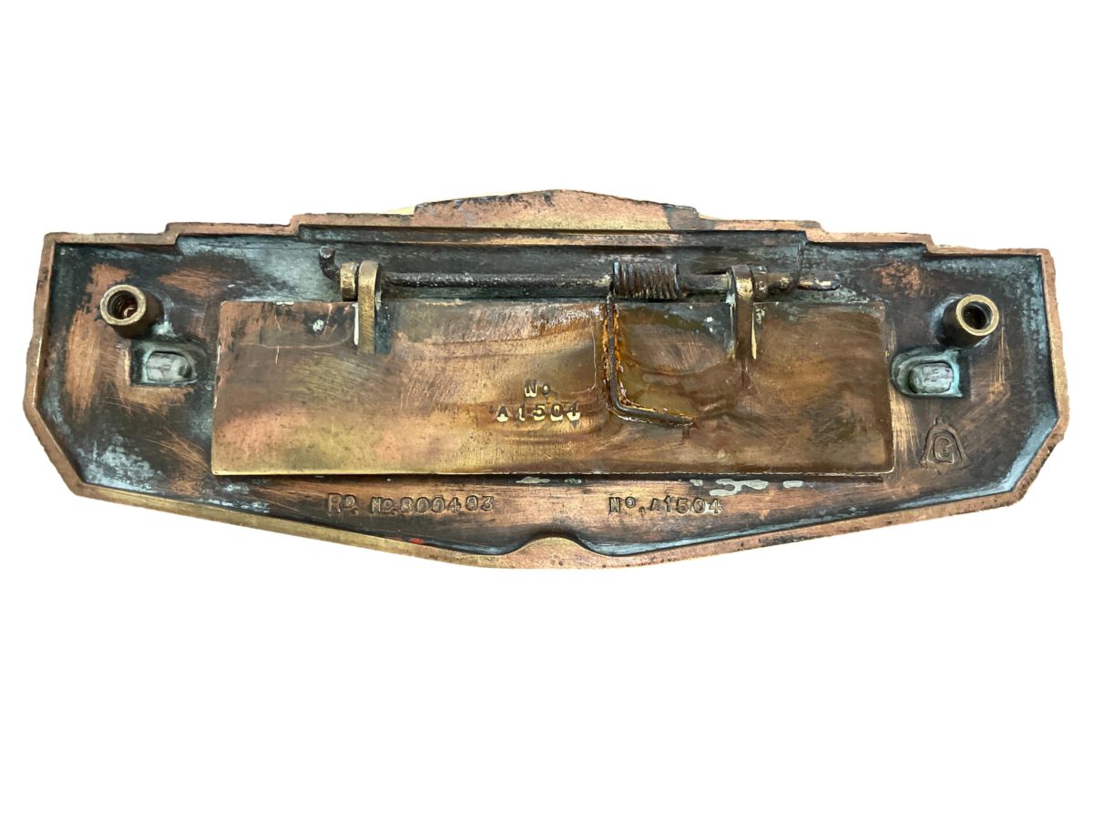 Solid brass Art Deco letter slot door furniture. RD number 800493 Photo of back of letter slot