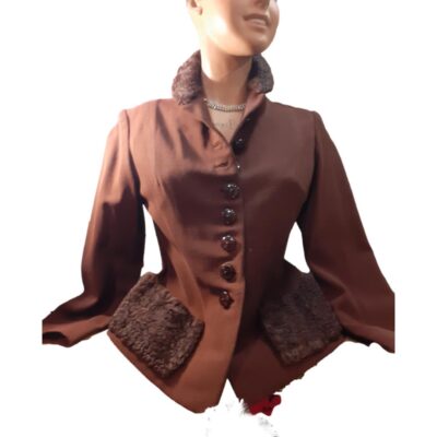 1940s Brown Fitted Jacket size 8 or small 10. In excellent condition except for hole on the right by third button from bottom. Main photo of the entire jacket seen from the front and modelled on a mannequin.