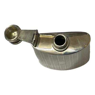 A vintage solid silver hip flask with a hinge bayonet twist cap and engine turned decoration . It is stamped sterling silver to base and weighs 120 grams. There is some slight scratches to top of bayonet arm. There is a vacant panel for a small inscription. Photo looking down at top of open flask from above showing the hinge bayonet twist cap to the left.