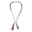 A striking Art Deco unsigned Jakob Bengel Mauerwerk chrome enamel necklace. The total length of the necklace when folded is 600mm. The smallest width is 8mm and the largest width is 20mm. Main photo of necklace in its entirety. There is some green tints to the necklace which is just a reflection of the background used when photographing. Although the necklace gives an impression of a ribbon with loose ends, it is very steampunk in its creation almost like something put together in a garage using nuts and bolts with red enamel embellishment!