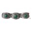 An Art Deco silver filigree bracelet. Each panel of the bracelet is stamped with the Egyptian hallmark for 800 silver and the date letter O for the period 1938-1939. There is a green chrysoprase cabochon stone in the centre of each panel. It is secured with push pin closure and weighs 39.8 grams. Main photo of bracelet laid out in a straight line from left to right showing all 3 panels with cabochons to the centre of each.
