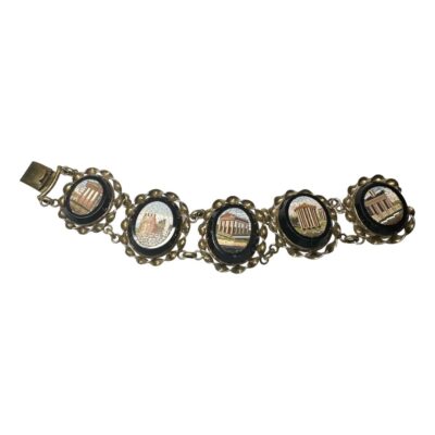 Early Grande Tour Victorian micromosaic bracelet . Consists of five panels. There are some hairline cracks to the reverse of the panels but the micromosaic scenes of Roman monuments remain untouched. The length of the bracelet not including clasp is 165 mms. Main photo showing whole length of bracelet with the 5 panels laid horizontally.