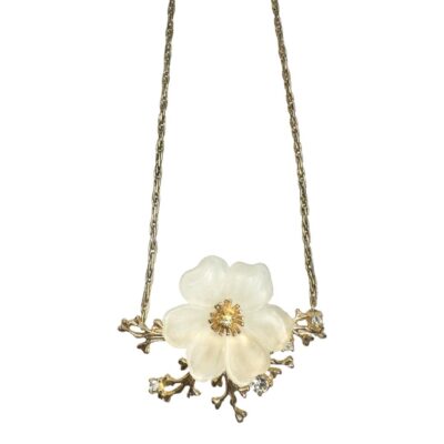 Vintage Christian Dior signed Lucite flower necklace. The flower & foliage measure 50 x 40 mms. Main photo of necklace seen hanging from the front.