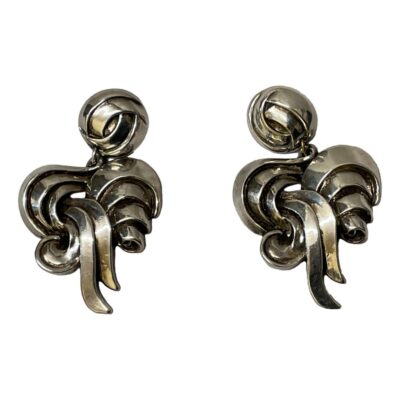 A pair of large statement designer clip on dangle earrings signed Satellite Paris c1980s. Clips in good order. Main photo of both earrings shown laid side by side on a flat surface and seen from the front.