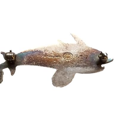 Double Dolphin Brooch, Correct Backstamps, Designer Arno Malinowski. Photo of back of brooch with pin open showing the hallmark.