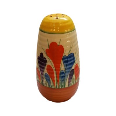 In the Autumn Crocus Pattern, Late 1930's, No Chips - Cracks -Hair Line Cracks or Restoration, Slight Crazing to Glaze, Correct Backstamp as in Photo. Measures 68mm in diameter at base and 39mm in diameter at top. Main photo of sugar sifter seen from a near eye level angle with crocus flowers to the side.
