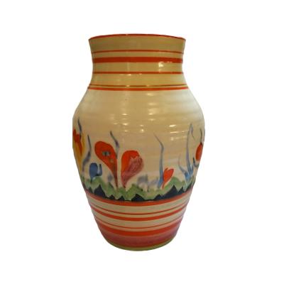 In the Very Rare Gloria Crocus Pattern, Only Briefly Produced in Very Early 1930's, No Chips - Cracks - Hairline Cracks - or Restoration, Some Slight Crazing to Glaze and Rubbing to Paint, Correct Backstamp as in Photo. Measures 155mm at widest point.  COLLECT FROM STORE ONLY. Eye level photo showing vase with the smaller orange crocuses on show.
