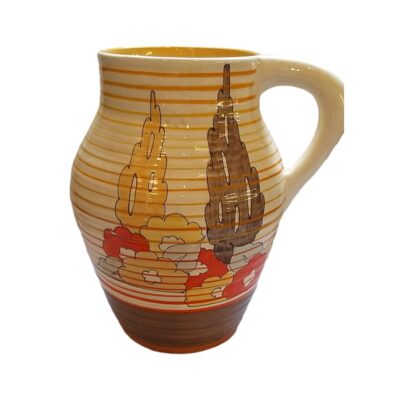 In the Orange Capri Pattern, Early 1930's, No Chips - Cracks - Hairline Cracks or Restoration, Slight Crazing to Glaze, Slight Paint Loss to Pattern, Correct Backstamp as in Photo.  COLLECT FROM STORE ONLY. Main photo of jug seen from an eye level shown from side with most decoration with handle to the right.