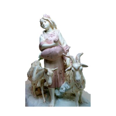 19th Century Continental Porcelain, makers mark as illustrated. COLLECT FROM STORE ONLY. Main photo looking at the goatherd from the front there are 2 goats one on each side of her both with their heads in the foreground.