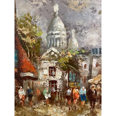 Canvas oil painting of Sacre Coeur Paris by impressionist W Kirby, a well known artist who painted lots of Paris street scenes. Beautiful colours. COLLECT FROM SHOP ONLY. Close up image of the central area of painting with Sacre Coeur in the distance.