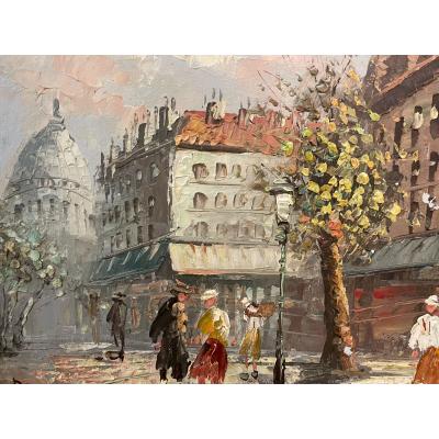 Original oil on canvas by Burnett of a Paris street. COLLECT IN STORE ONLY. Close up of the central scene.