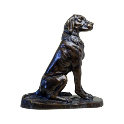 Mid century vintage bronze hound. Hollow cast bronze hound in a sitting position. c1950s-60s. Photo of seated dog seen facing towards the right.