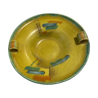 1930s Art Deco Beswick ware dish. Avant-garde dish in warm earthy colours and unusual tubular ring handles. Measures 100mm in diameter at base, 300mm in diameter across the top, 60mm high to top rim and 75mm high at handles. COLLECT FROM STORE ONLY. Main photo of dish looking straight down from above with the tubular handles to the left and right.