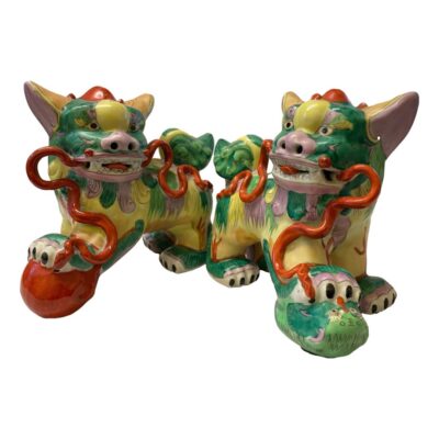 Pair of vintage Dogs of Foo in not often seen vibrant colours of green, pink, yellow & terracotta red. Both in very good condition. Each measures approximately 240mm at longest, 170mm at widest (front paws) and 210mm at highest. COLLECT FROM STORE ONLY. Main photo of both dogs side by side and placed facing each other - male to the left with ball female to tight with puppy.