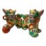 Pair of vintage Dogs of Foo in not often seen vibrant colours of green, pink, yellow & terracotta red. Both in very good condition. Each measures approximately 240mm at longest, 170mm at widest (front paws) and 210mm at highest. COLLECT FROM STORE ONLY. Main photo of both dogs side by side and placed facing each other - male to the left with ball female to tight with puppy.