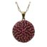 Modern 9 karat gold circular pendant embedded with a multitude of round cut rubies. Hallmarked to the bail for Birmingham assay c2010. Pendant drop length approximately 25mm from top of bail with width of 28mm. Chain is hallmarked 375 to the clasp. Main photo showing a forward facing pendant and part of the chain.