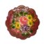 Vintage hand-painted lacquered brooch. Pretty circular Russian lacquered brooch hand-painted with flowers and foliage. Initialled to the back. Some wear of the black to the back of brooch. Main photo of brooch front. The base colour is a deep pink with flowers in yellow, purple, lighter pink and with green leaves.