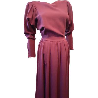 Collectable late 70s - 80s Droopy Browns Burgundy wine moss crepe (wool) dress of quality. Leg of mutton sleeves with long buttoned cuffs. Good for today's sizing 8 to 10. So much fabric in skirt and has POCKETS! we all love pockets....no faults perfect condition. Photo of dress seen from front straight on and from knees up showing the snug fit to waist, pleats in the full skirt and buttons to the long cuffs.