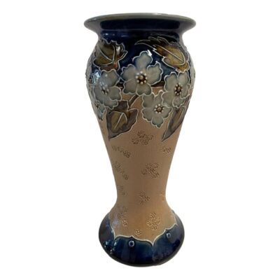 Antique Royal Doulton Lambeth Ware salt-glazed stoneware vase. Decorated by Emily Poubington and dated c1905. Measures 100mm in diameter at base. COLLECT FROM STORE ONLY. Main photo showing the whole vase from an eye level angle.