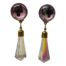 Vintage pair of clip on earrings with aurora borealis crystals. Lovely colours to the hanging crystals while top round crystals remain clear or pink. Drop length from top of circulat crystal to tip of hanging ones is approximately 65mm. The circles measure 18mm in diameter and hanging crystal is 40mm. Main photo of earrings shown hanging (no support bar visible) with pink/lilac colour to the discs at top and clear crystal to left and multi colour crystal to right earring.