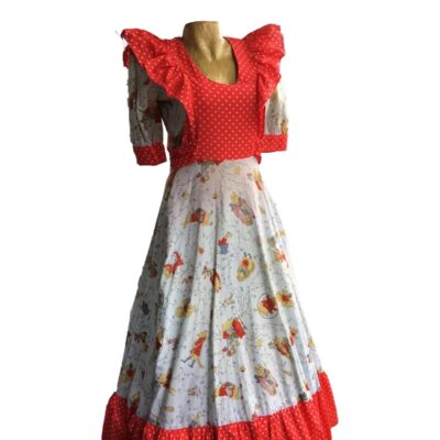 Very rarely found Miss Mouse garments from the early 70s always wacky prints.  This cotton dress has Beatrix Potter print and size 14 from then so best for todays size 12. Please read the write up in photos section. Main photo showing dress front in full with the red & white spotted pinafore style top over the elbow length printed fabric sleeves. The red and white spotted fabric also at sleeve ends and skirt hem.