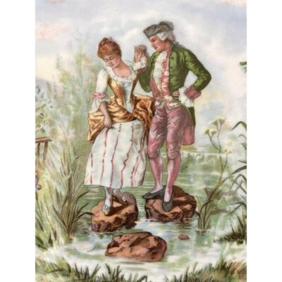 Antique tray by Limoges with a metal rim. Very unusual & rare 19th century Limoges porcelain tray with an image of a young courting couple balanced on rocks in a pond. Lovely spring flowers & greenery surround them and the whole image depicts a dreamy world of love & pleasure. Measures 250mm in diameter at base and 275mm across the top with depth of 20mm. Close up photo of the courting couple standing on stepping stones in the centre of the tray. The figures are in 19th century clothing.