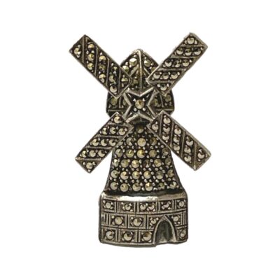 Vintage articulated windmill brooch. Lovely vintage windmill brooch in silver with marcasite stones throughout. The windmill sails turn and there are no missing marcasite stones. Hallmarked Silver to the back. The clasp needs attention. Works anti clockwise to usual (close to open, open to close) Measures approximately 40mm long (with sails low) and 30mm at widest (sail to sail) Main photo of brooch seen from the front.
