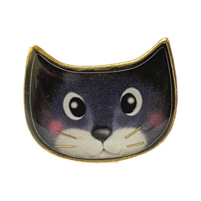 Modern vintage cat ring by Taratata. Fun cat ring made from upcycled gilt metal with enamel and additional recycled extras in this instance, the cats whiskers! Size P ~ P.5 / 8 with slight room for movement. Ring front measures 28mm by 20mm at ears. Main photo of the ring front which is basically a crtoon image of a cats head. The cat is cute with big eyes.